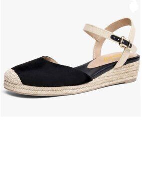 miss left Black Round Toe Espadrille Sandals Mid Heel Wedge Ankle Strap Shoes